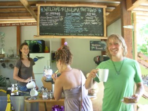 Beth serving us inside the Laulima Farm Fruit stand- awesome food